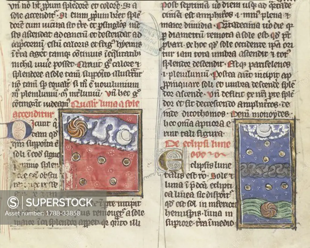 France - 13th century - Albertus Magnus, On the Nature of Things (De Natura Rerum). Illuminated manuscript from Saint-Amand Abbey. Folio 197, recto: Lunar eclipse and planets' movement compared with the moon and the sun