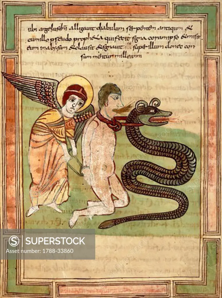 The angel captures the dragon and Satan for 100 years, miniature from Revelation from Saint Amand's Abbey, Latin manuscript folio 36 recto, France 9th Century.