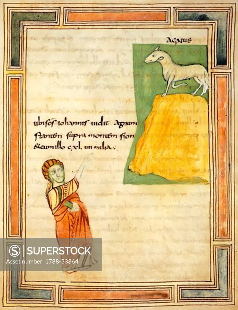 The lamb of God, miniature from Revelation from Saint Amand's Abbey, Latin manuscript, France 9th Century.