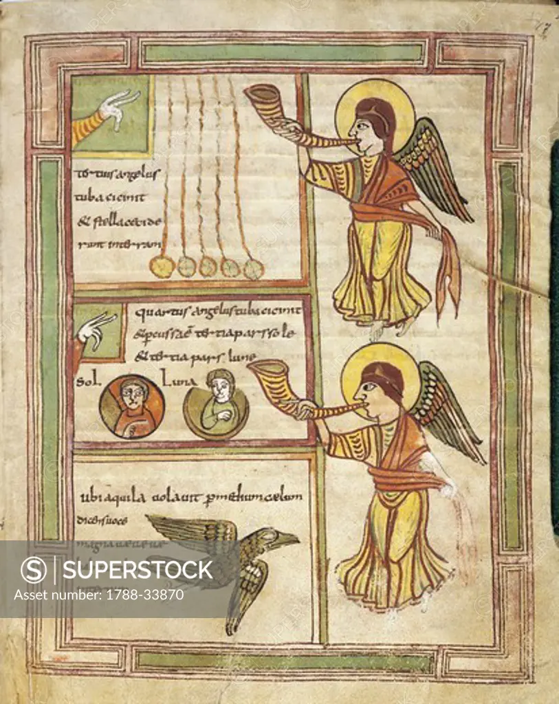 France. Illuminated manuscript, Latin inscriptions, 9th century. From Saint-Amande abbey. Angels of the Apocalypse