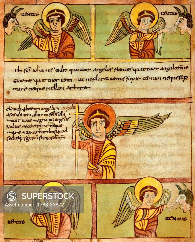 The angel of the Apocalypse, illuminated page, miniature from Revelation from Saint Amand's Abbey, Latin manuscript, France 9th Century.