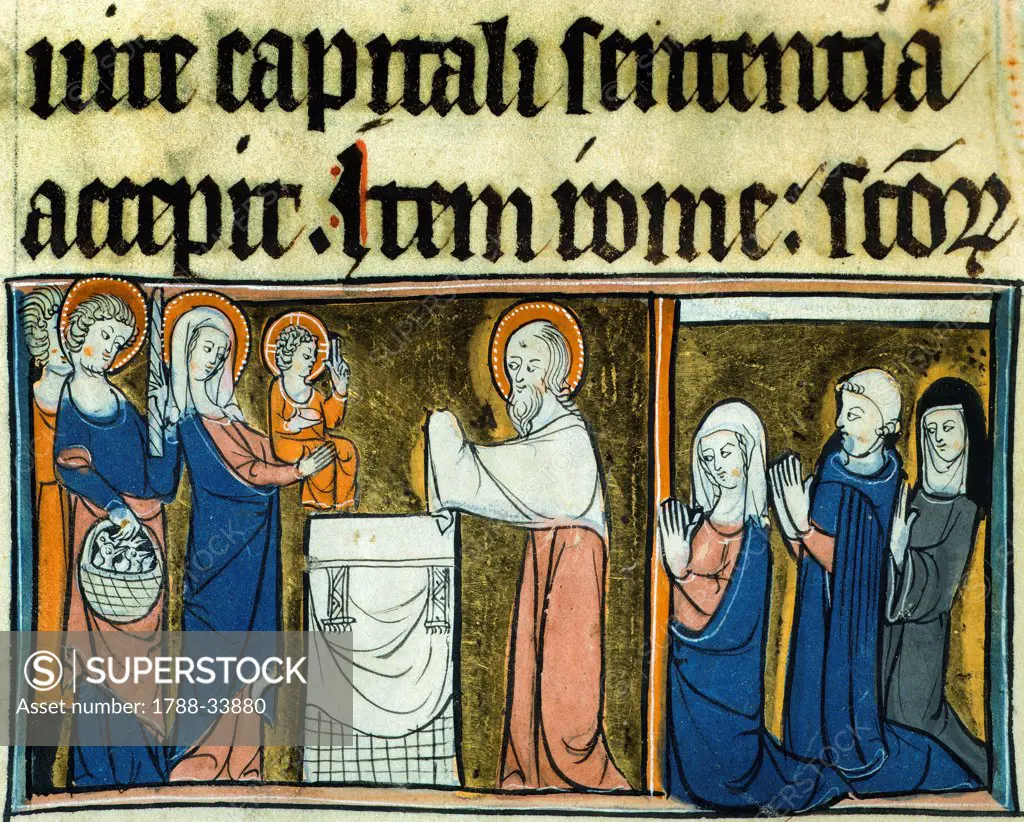 Presenting Jesus in the temple, miniature from a Latin manuscript, France 12th Century.
