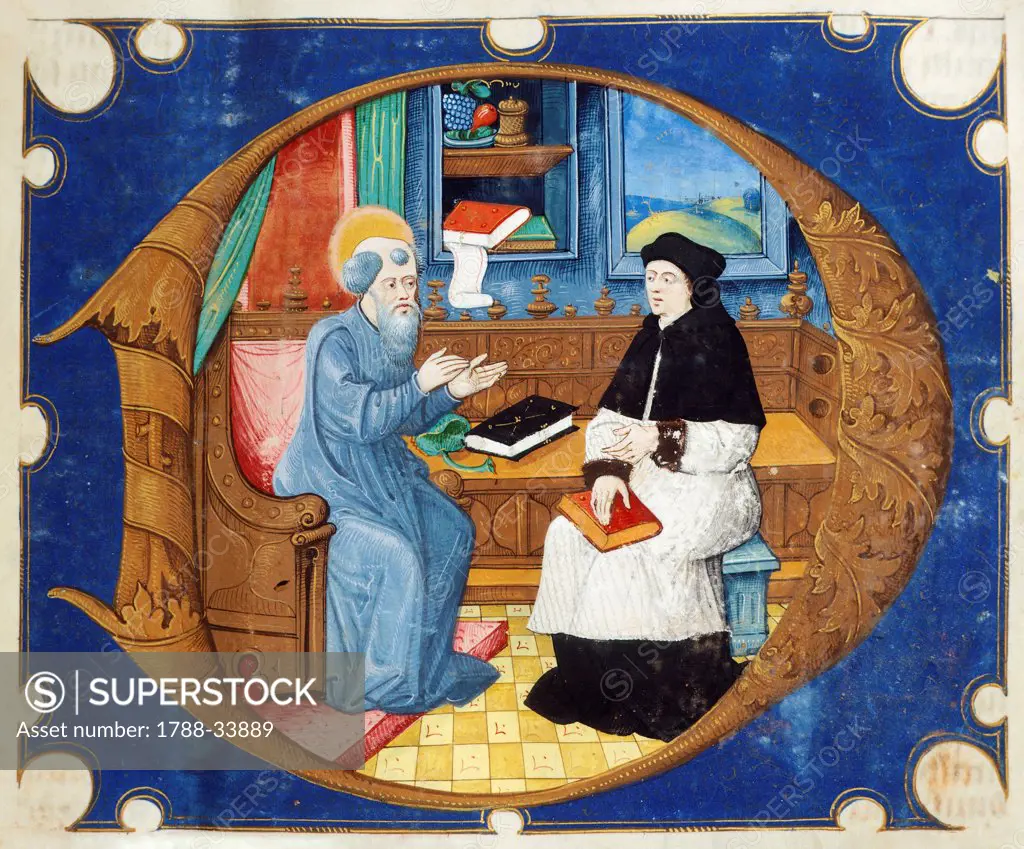 Giorgio and Saint Ambrose by Egmont, miniature from Latin Bible from Saint Amand's Abbey, Latin manuscript, France 16th Century.