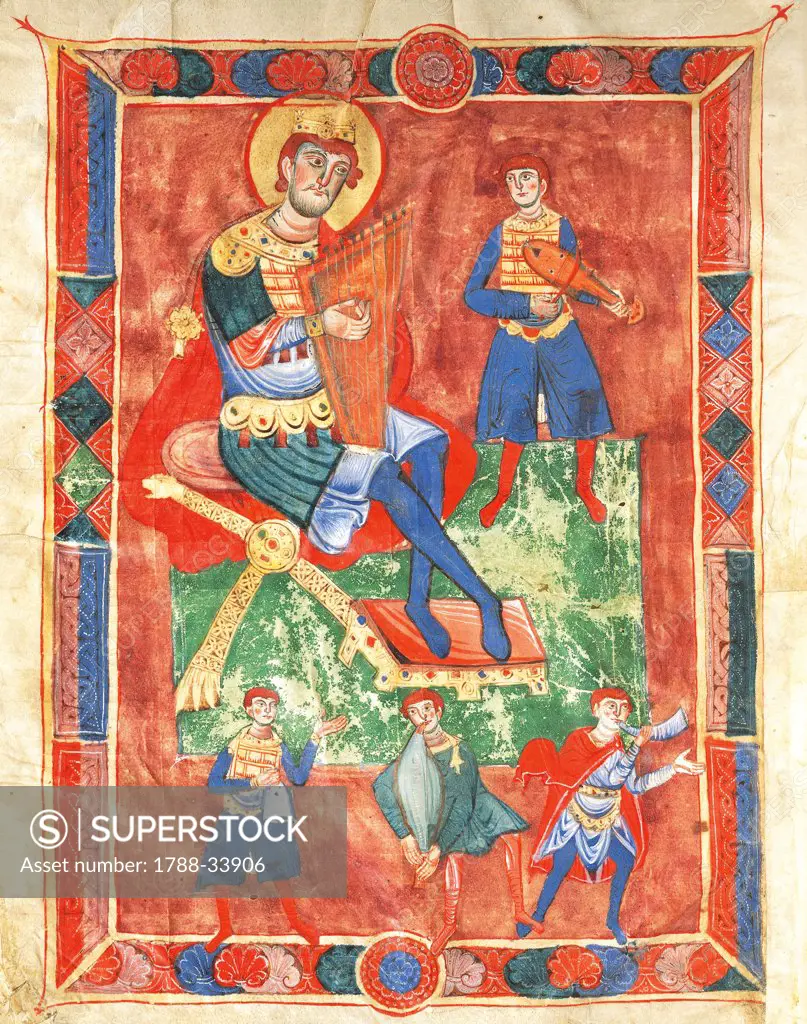 King David performing the lyre surrounded by musicians, miniature from a medieval Psaltery, Italy 12th Century.
