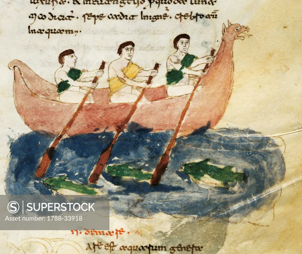 Fishing boats, miniature from De universo by Rabano Mauro, manuscript, Italy 11th Century.