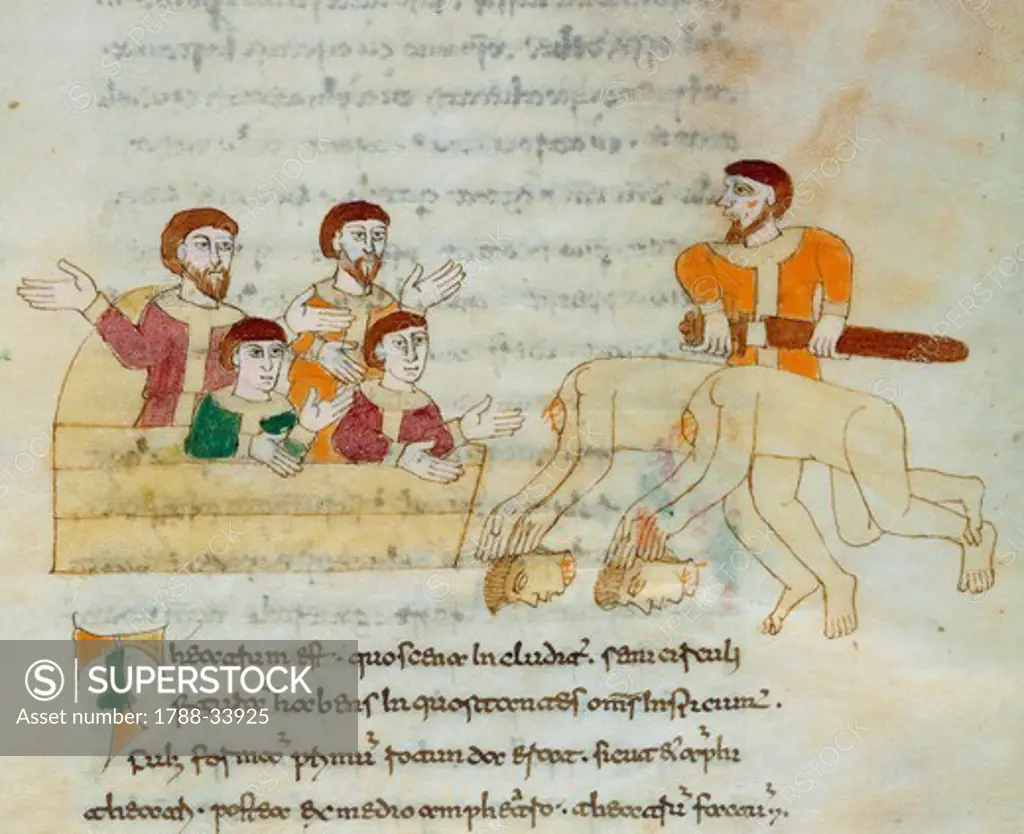 Representation of a fake beheading, miniature by Rabano Mauro from a manuscript, 11th Century.