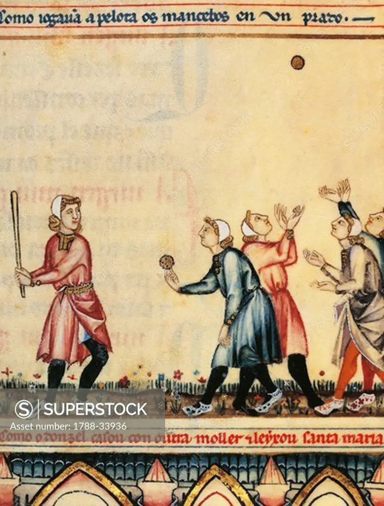 Playing a game of pelota, illuminated page from The Cantigas de Santa Maria Alfonso X the Wise, manuscript, Spain 13th Century.