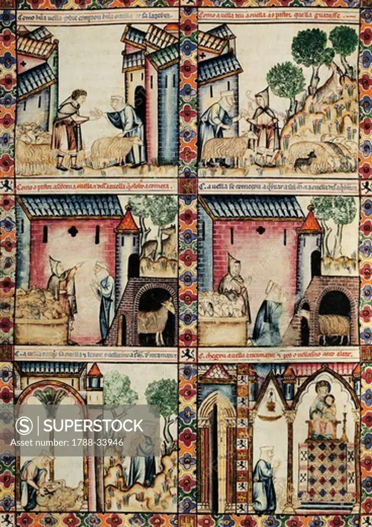 Scenes of life in medieval times: Sheep farming and shearing, miniature from The Cantigas de Santa Maria Alfonso X the Wise, manuscript, Spain 13th Century.