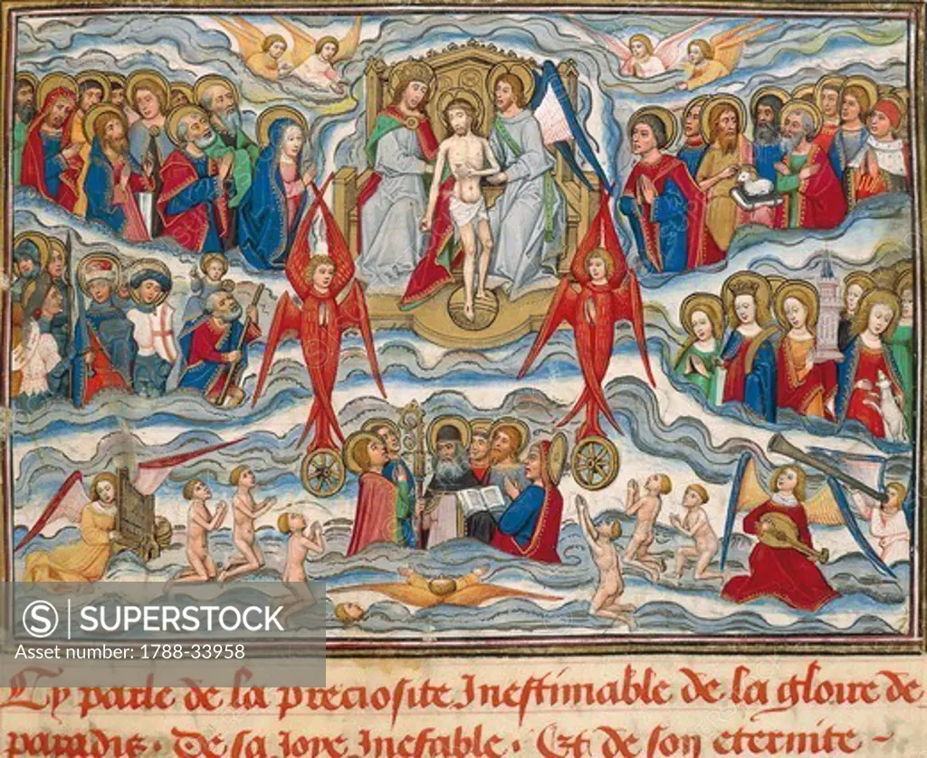 The glory of Heaven, miniature from Mirror of Humility by Jean Gerson, manuscript, 1462, France.