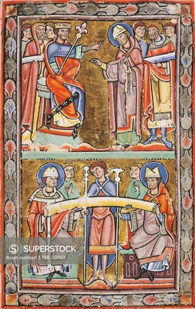 Saint Amand at the court, by Dagoberto, the bull of Pope Martin, miniatures from the Lives of the Saints, France 12th Century.