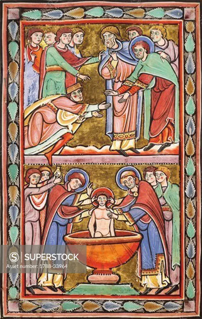 Saint Amand at the court of Dagobert, baptising the son of Dagobert, miniatures from the Lives of the Saints, France 12th Century.