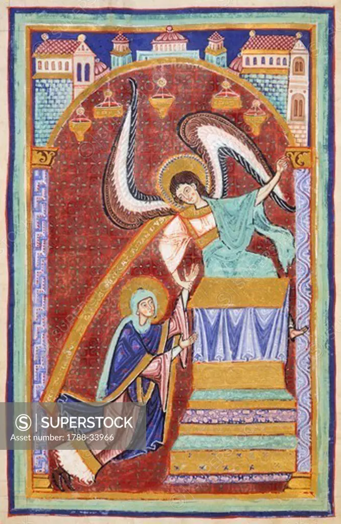 The vision of Saint Aldegonde, miniature from Life and Miracles of Saint Amand, France 11th Century.