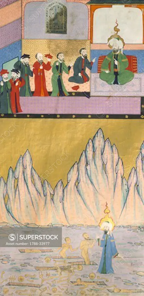 Ezekiel raising the dead, miniature from The tales of Luqman, Arabic manuscript, 1583.