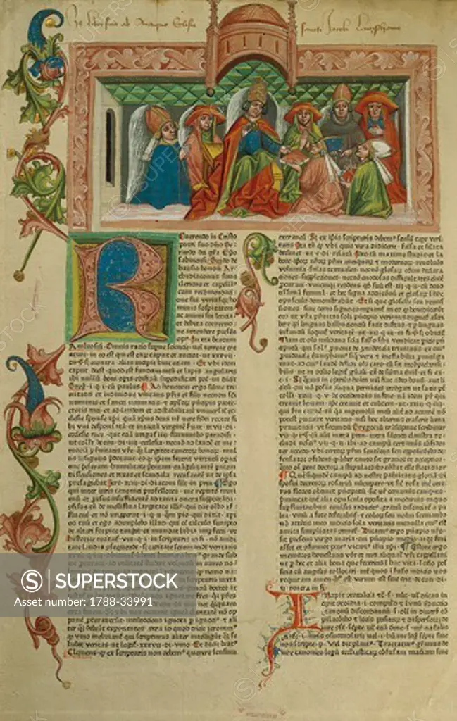 The cardinals presenting Pope Nicholas V with the Codex, miniature from the Rosarium Decretorum by Guido de Baysio, manuscript, 1453.