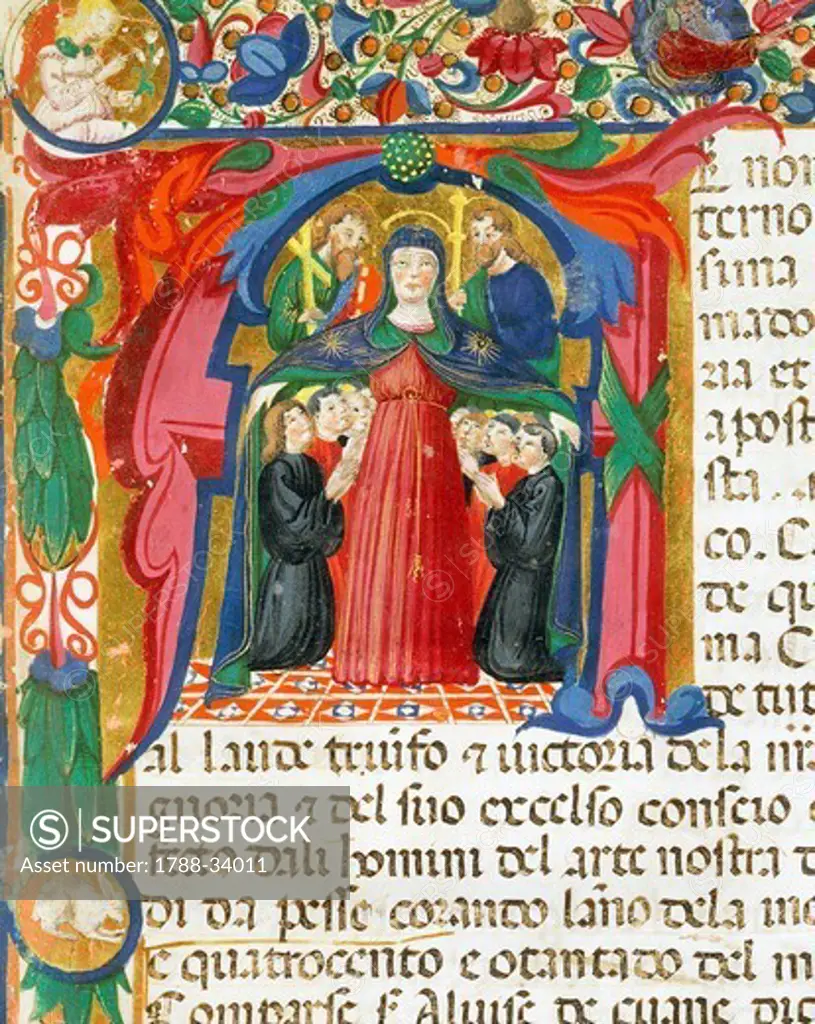Initial capital letter with the Madonna, miniature by Venetian Mariegola (statute book) from art of wool, manuscript, Italy 14th Century.