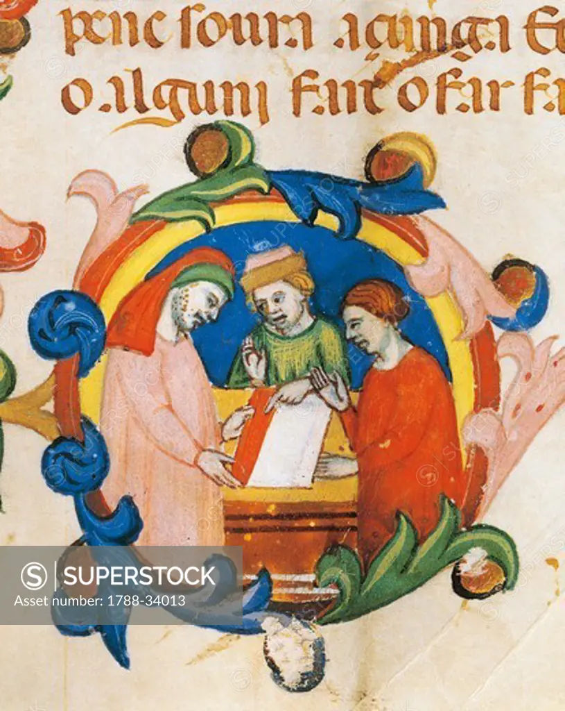 Capital intial letter depicting the choosing of fabric, Venetian miniature from the Mariegola (statute book) for Wool Trading and Processing, manuscript, Venice, Italy 14th Century.