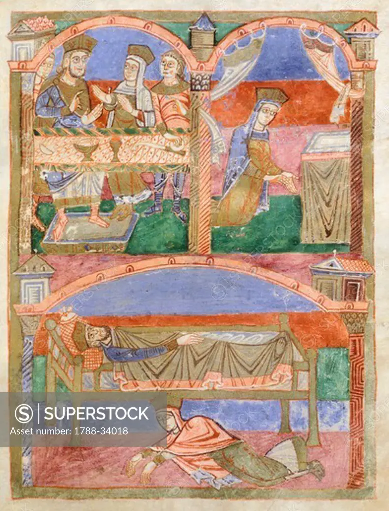 Illuminated page from the Life of Saint Radegunda, illumination from Poitiers, Abbey of Saint Croix, manuscript folio 24 recto, France 11th Century.