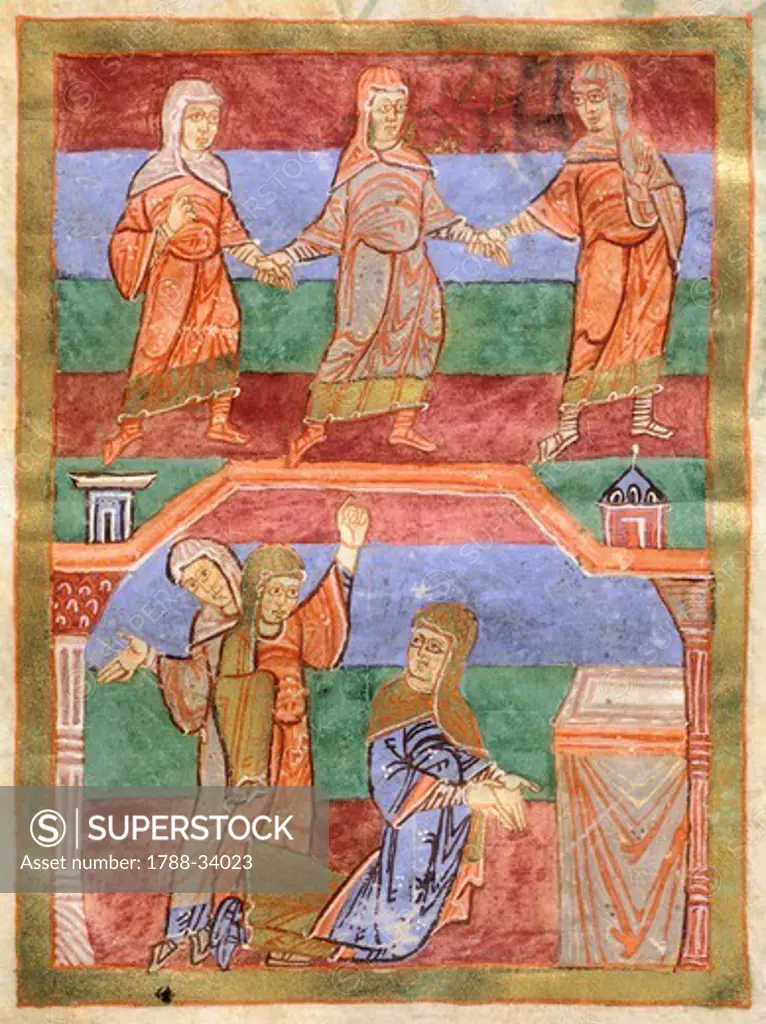 Illuminated page from the Life of Saint Radegunda, illumination from Poitiers, Abbey of Saint Croix, manuscript folio 40 verso, France 11th Century.