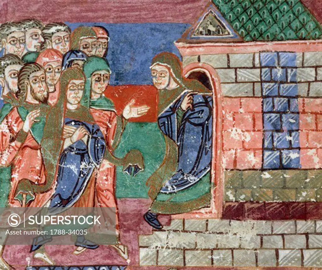 Radegunda, accompanied by people, withdrawing to the monastery, miniature from the Life of Saint Radegunda, illumination from Poitiers, Abbey of Saint Croix, manuscript folio 31 verso, France 11th Century.