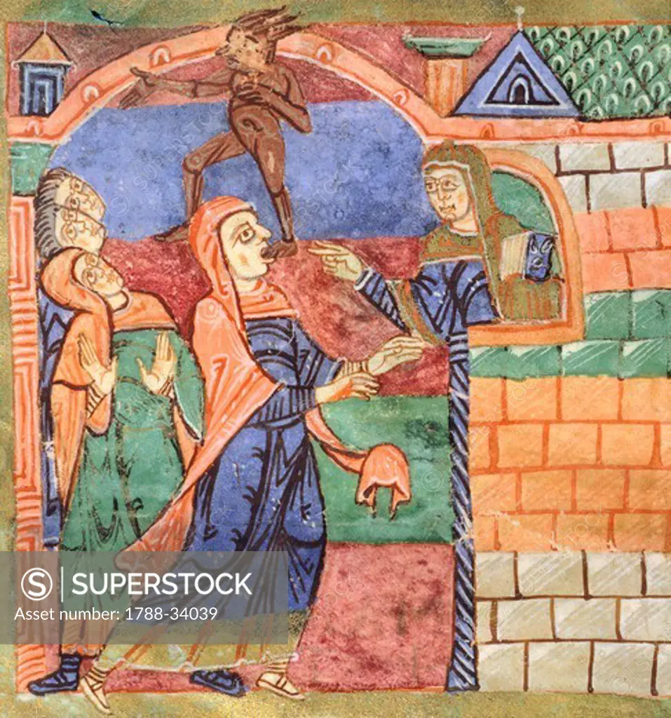 Radegunda freeing a person of a demon, miniature from the Life of Saint Radegunda, illumination from Poitiers, Abbey of Saint Croix, manuscript, France 11th Century.
