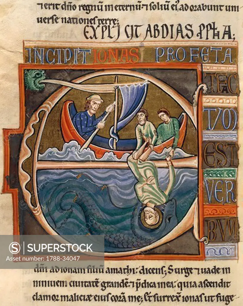 Book of Jonah: Jonah and the whale, miniature from the Bible of Souvigny, Latin manuscript 1 folio 196 verso, 12th Century.