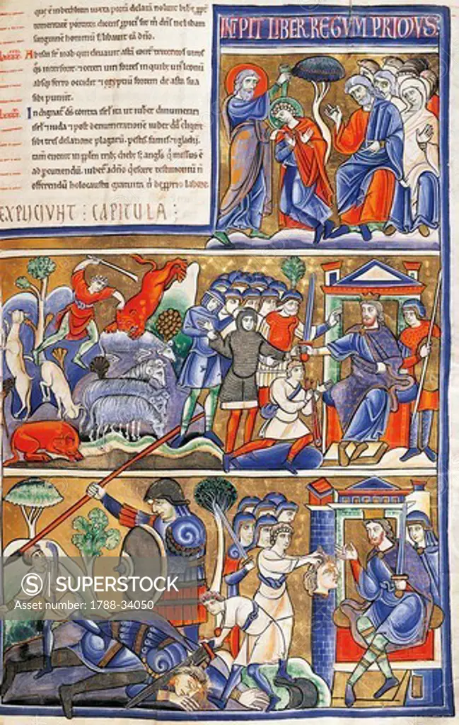 Episodes from the life of David, miniature from the Bible of Souvigny, Latin manuscript 1 folio 193 recto, 12th Century.