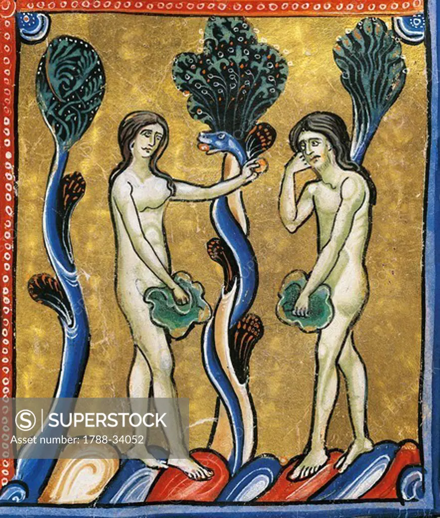 The Book of Genesis: the original sin of Adam and Eve, miniature from the Bible of Souvigny, Latin manuscript 1 folio 4 verso, 12th Century.