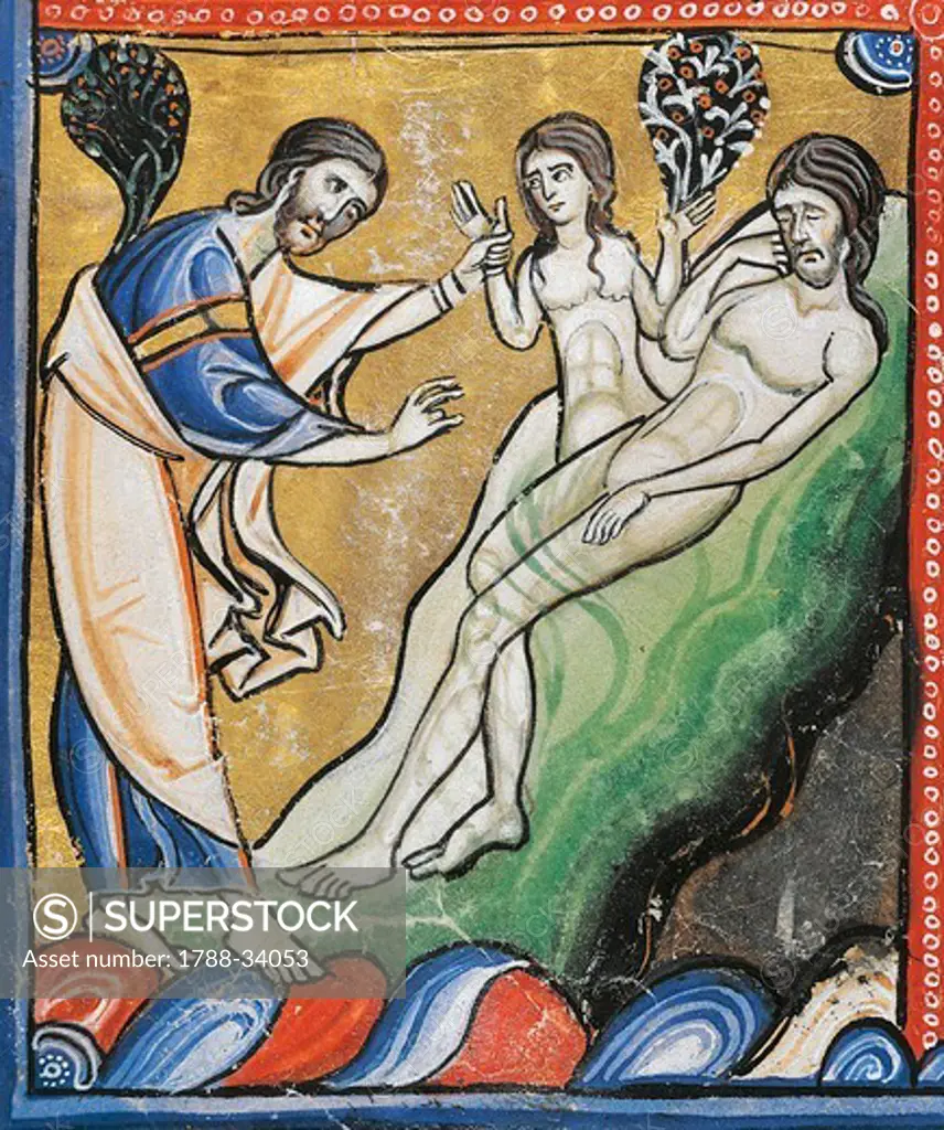 The Book of Genesis: the creation of Eve from Adam's rib, miniature from the Bible of Souvigny, Latin manuscript 1 folio 4 verso, 12th Century.