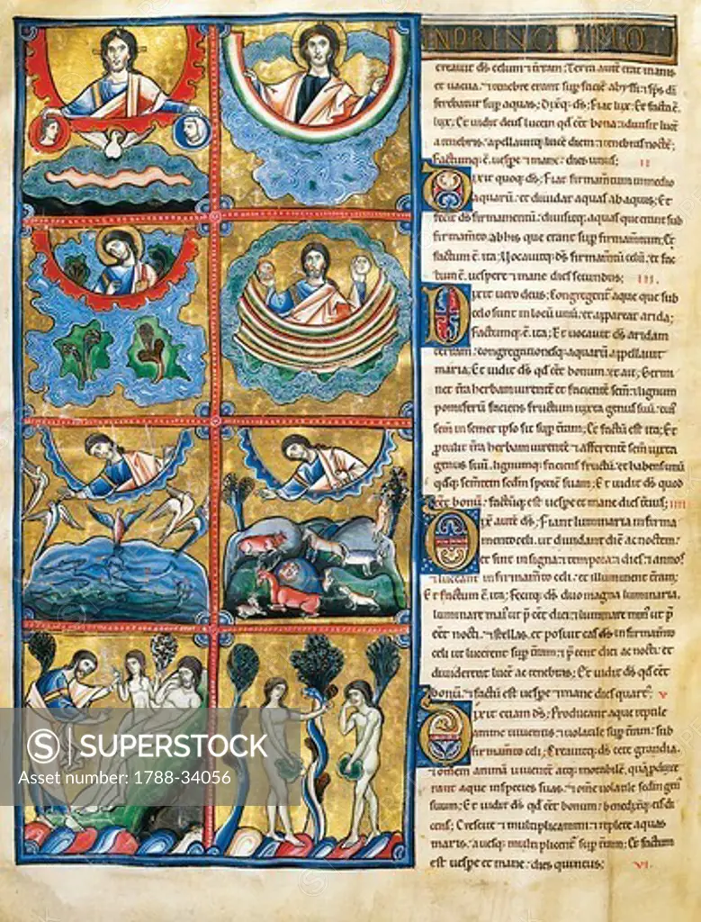 The Book of Genesis: the creation of the world, miniature from the Bible of Souvigny, Latin manuscript, 12th Century.
