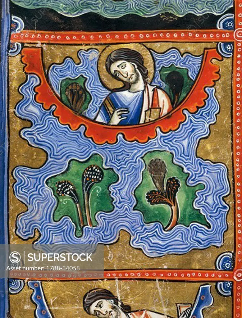 The Book of Genesis: God creating the earth, grass and trees, miniature from the Bible of Souvigny, Latin manuscript 1 folio 4 verso, 12th Century.