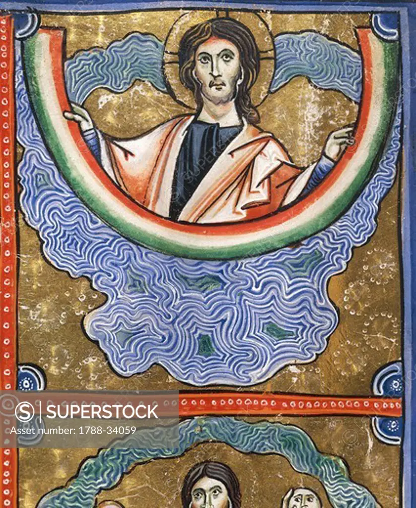 The Book of Genesis: God separating the land from the waters, miniature from the Bible of Souvigny, Latin manuscript 1 folio 4 verso, 12th Century.