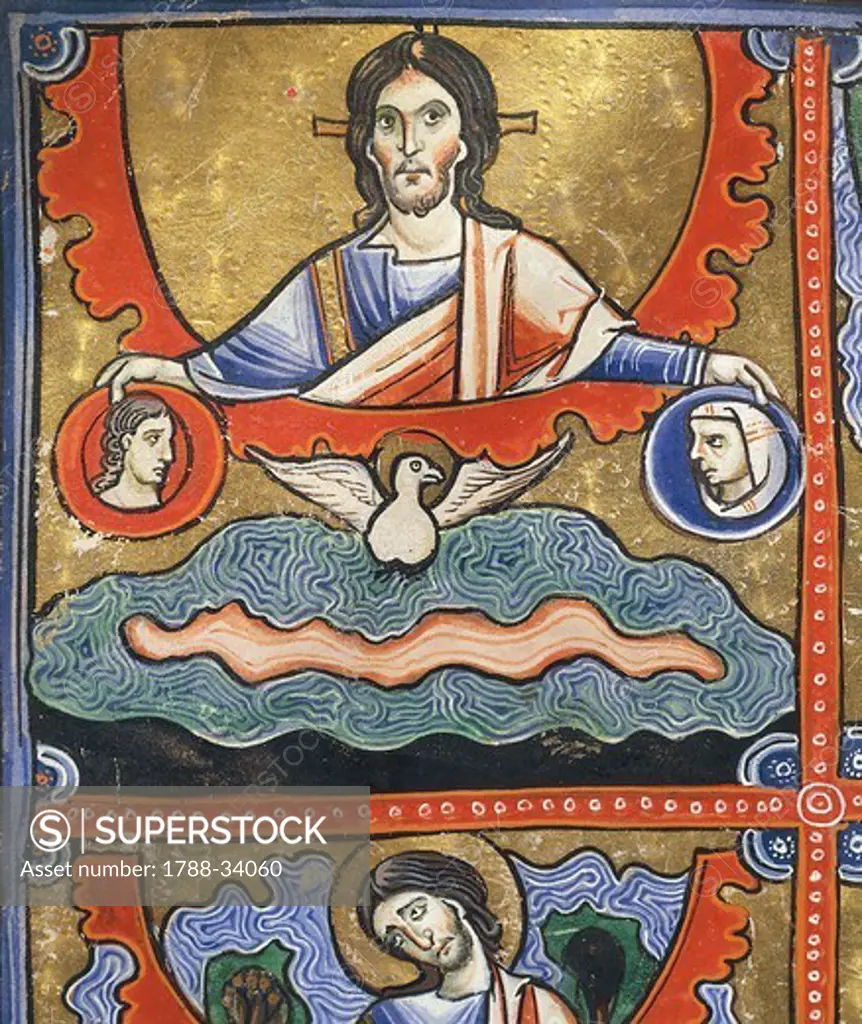 The Book of Genesis: God separating the light from the darkness, miniature from the Bible of Souvigny, Latin manuscript 1 folio 4 verso, 12th Century.