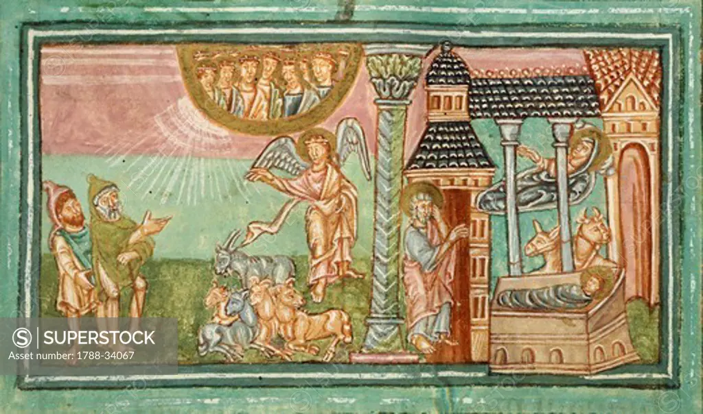 Announcement to the shepherds and the nativity, miniature from Liber Sacramentorum (the Book of Sacramentary), Latin manuscript 1 folio 11 verso, 10th Century.