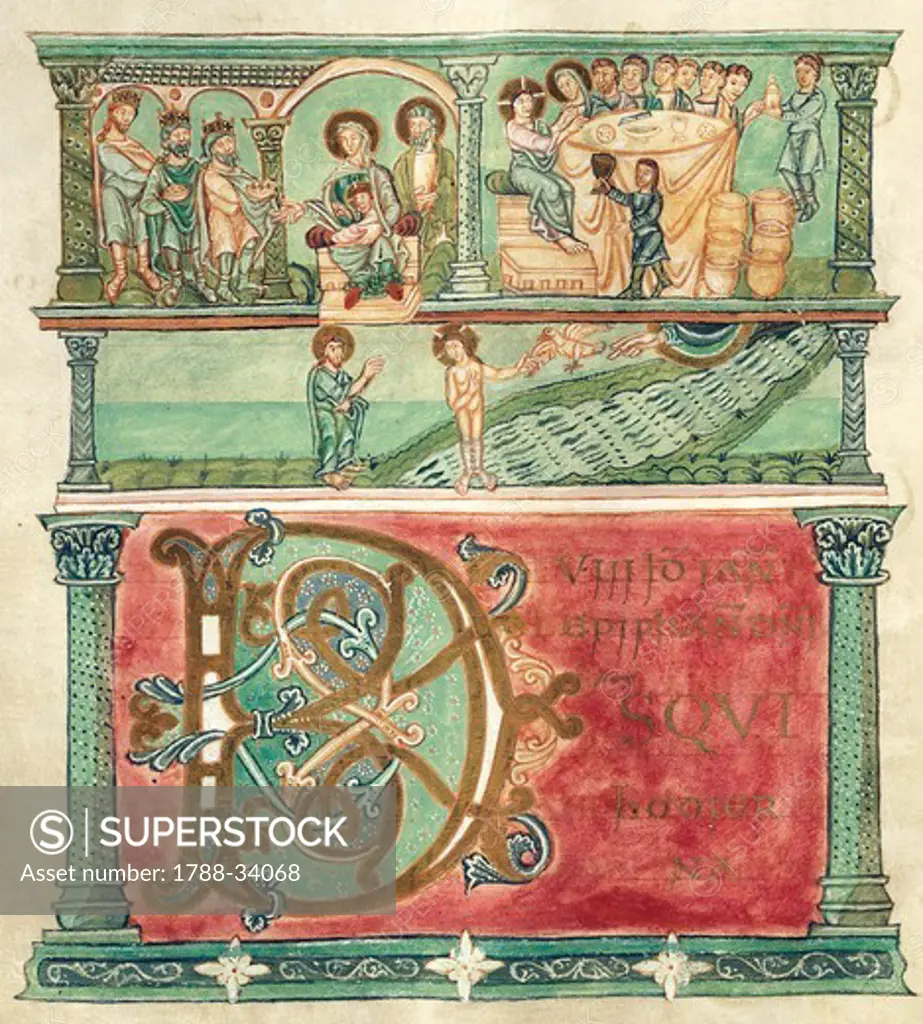 Adoring the Magi, wedding at Cana and baptising Christ, miniature from Liber Sacramentorum (the Book of Sacramentary), Latin manuscript 1 folio 18 verso, 10th Century.