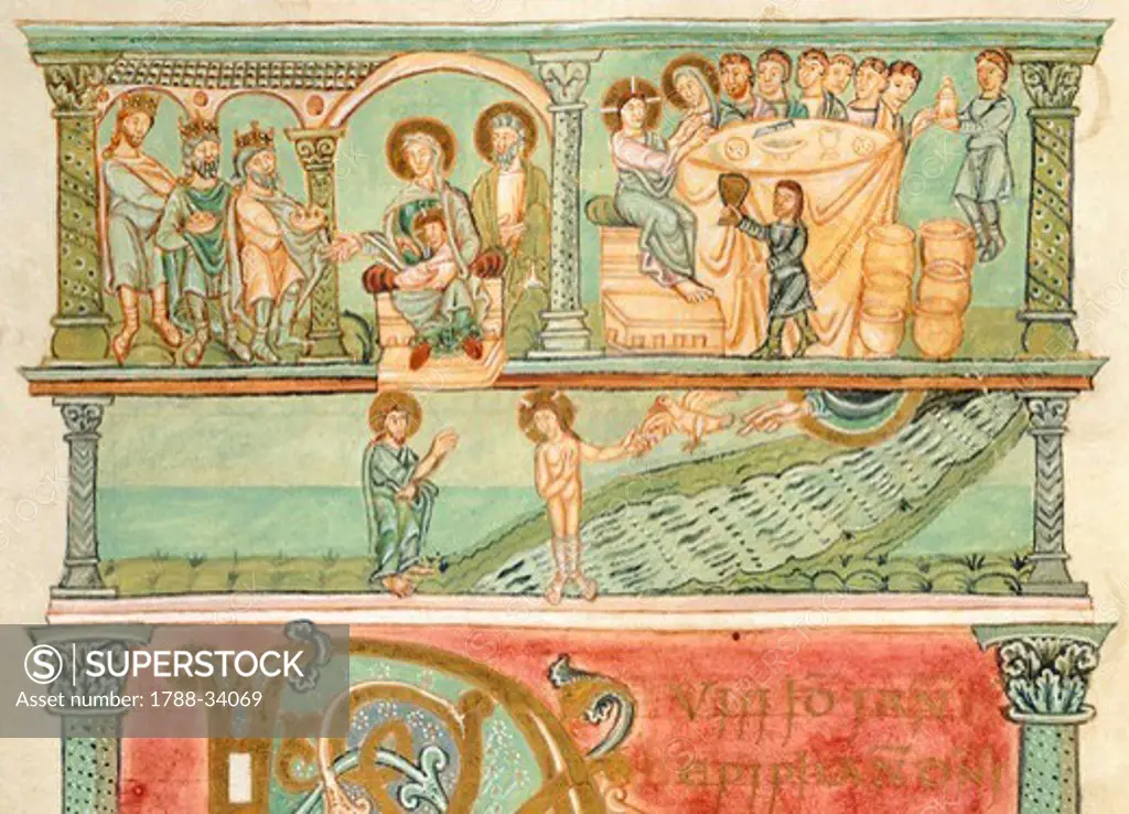 Adoring the Magi, wedding at Cana and baptising Christ, miniature from Liber Sacramentorum (the Book of Sacramentary), Latin manuscript 1 folio 18 verso, 10th Century. Detail.