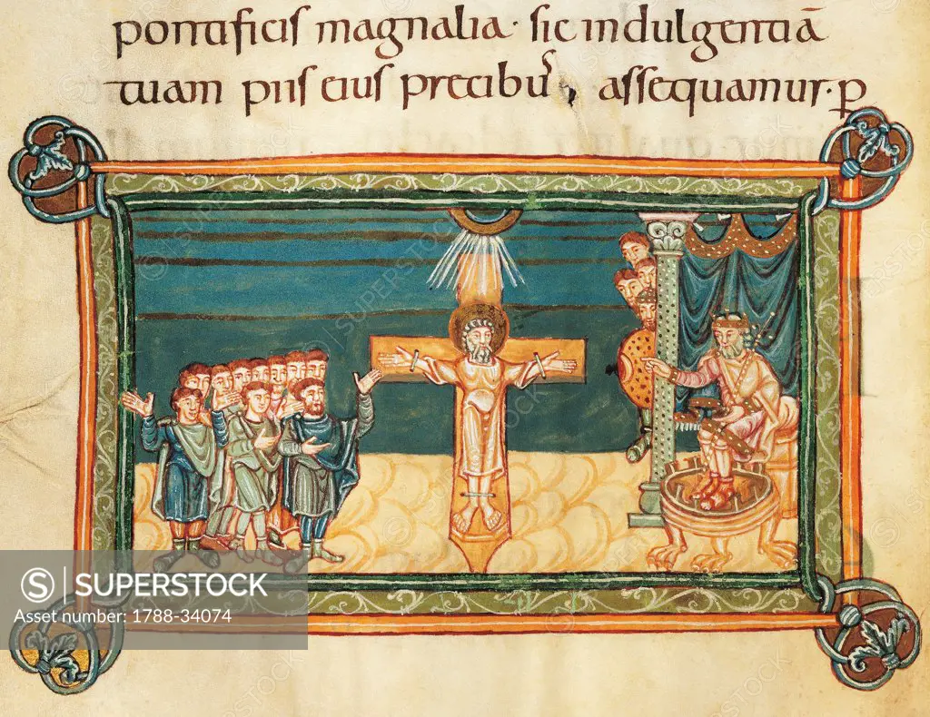 Martyrdom of Saint Andrew, miniature from Liber Sacramentorum (the Book of Sacramentary), Latin manuscript 1 folio 42 verso, 10th Century.