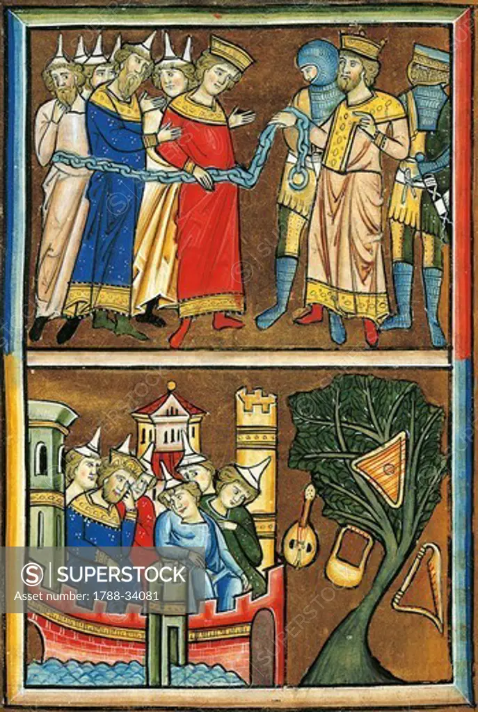 Jews in chains before King Nebuchadnezzar, mourning Jews inside the walls of Babylon, miniature from Beatae Elisabeth Psalterium, Latin manuscript folio 139 verso, Germany, 13th Century.