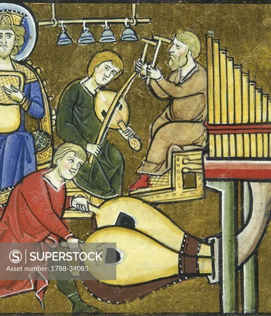 King David with Psaltery and tuba, organ, timpani and harpsichod musicians, miniature from Beatae Elisabeth Psalterium, Latin manuscript folio 149 recto, Germany, 13th Century.