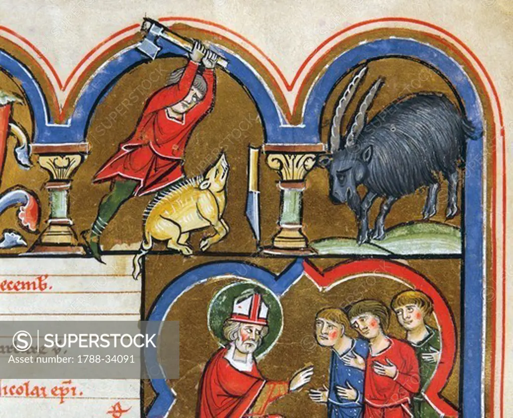 Detail from a calendar for the month of December: the killing of the pig and the zodiac sign of Capricorn, German miniature from the Psalterium Beatae Elisabeth, Latin Manuscript folio 7 recto, 13th Century.