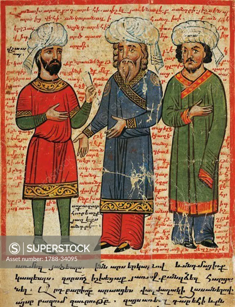 Darius and his dignitaries, miniature from the The History of Alexander the Great by Pseudo-Callisthenes, Parchment Codex by the scribe Nerses, Greek manuscript 424, 13th-14th Century.