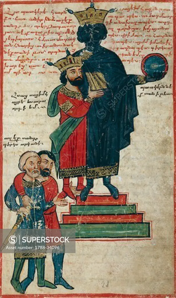Alexander the Great and the Statue of Nactanebo, miniature from the The History of Alexander the Great by Pseudo-Callisthenes, Parchment Codex by the scribe Nerses, Greek manuscript 424, folio 27 recto, 13th-14th Century.
