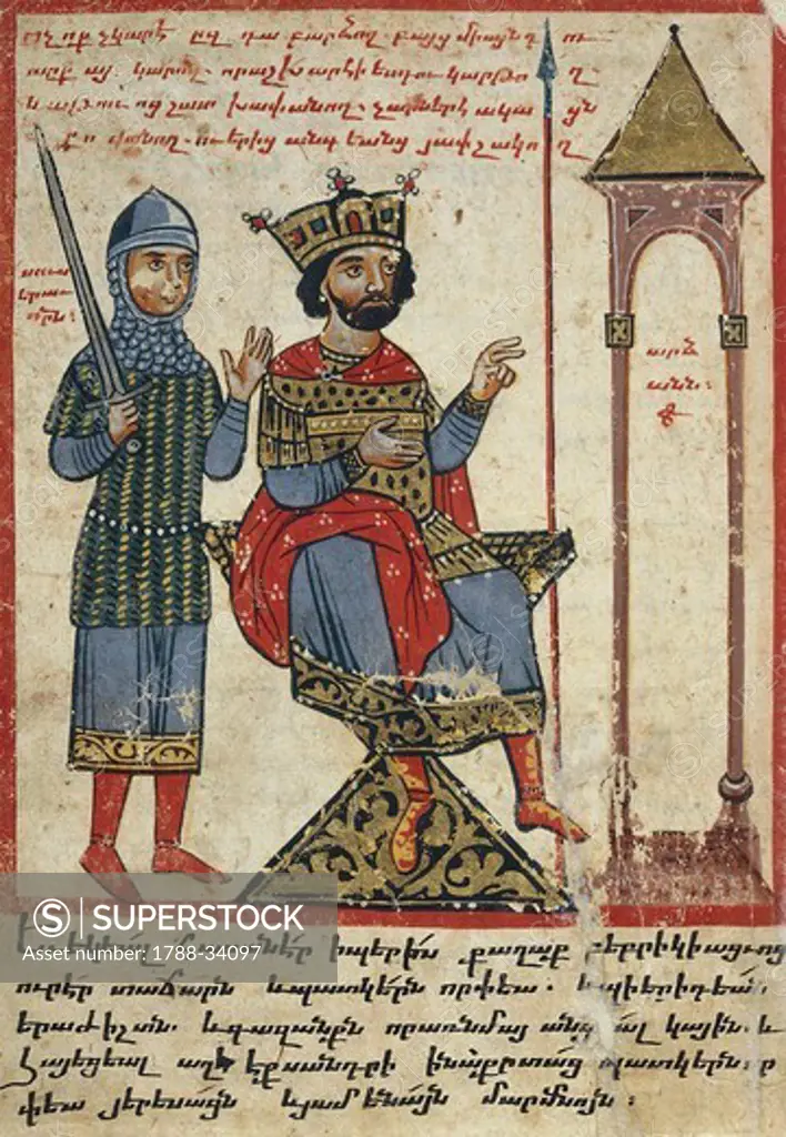 Alexander the Great on the throne, miniature from the The History of Alexander the Great by Pseudo-Callisthenes, Parchment Codex by the scribe Nerses, Greek manuscript 424, 13th-14th Century.