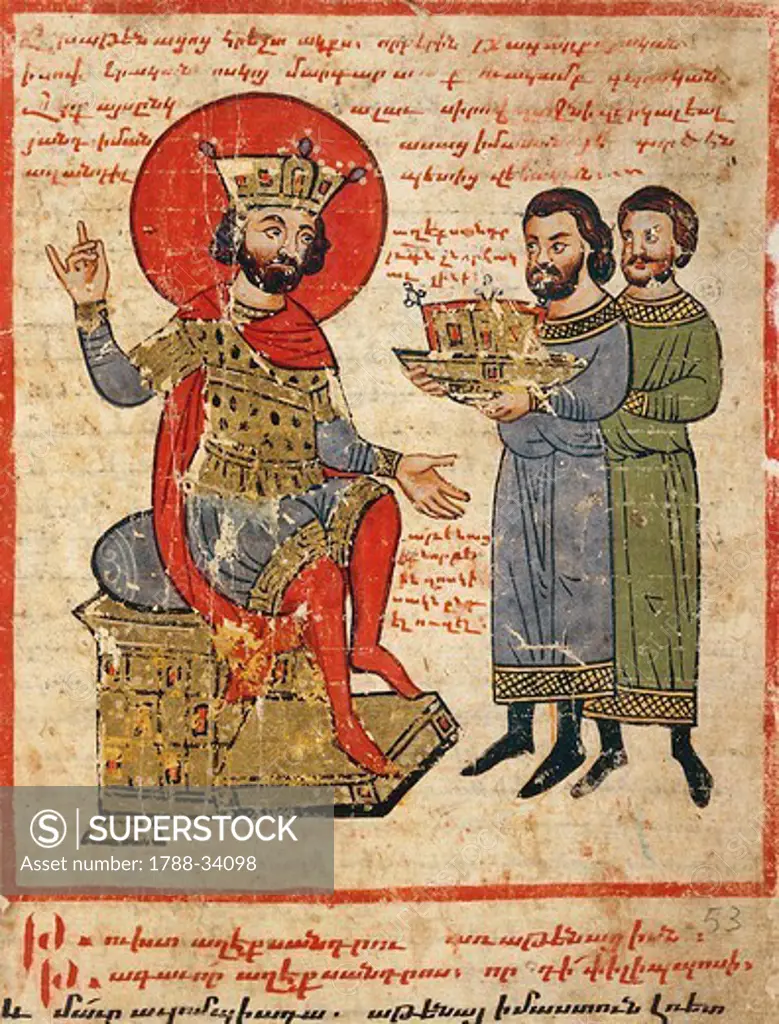 Persians paying tribute to Alexander the Great on the throne, miniature from the The History of Alexander the Great by Pseudo-Callisthenes, Parchment Codex by the scribe Nerses, Greek manuscript 424, 13th-14th Century.