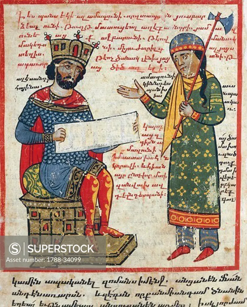 Alexander the Great receives Darius's message, miniature from the The History of Alexander the Great by Pseudo-Callisthenes, Parchment Codex by the scribe Nerses, Greek manuscript 424, 13th-14th Century.