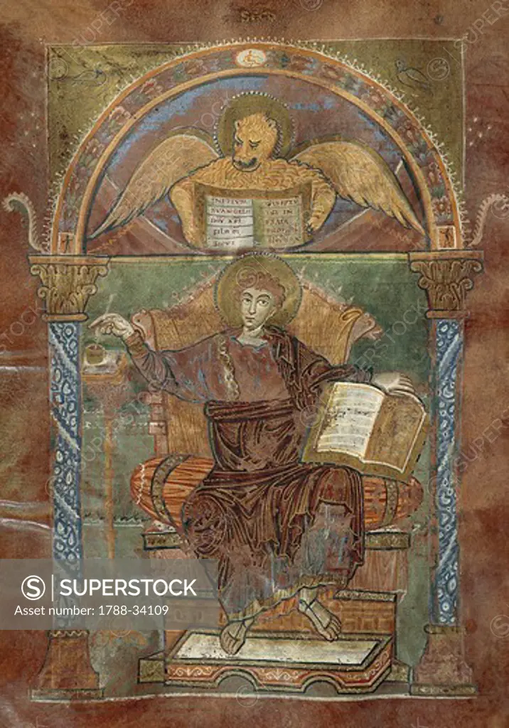 Saint Mark, from the Gospel of Saint Riquier, or the the Gospel of Charlemagne, manuscript, France ca 800.