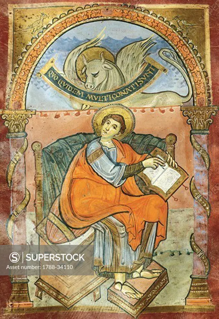 Saint Luke, from the Gospel of Saint Riquier, or the the Gospel of Charlemagne, manuscript, France ca 800.