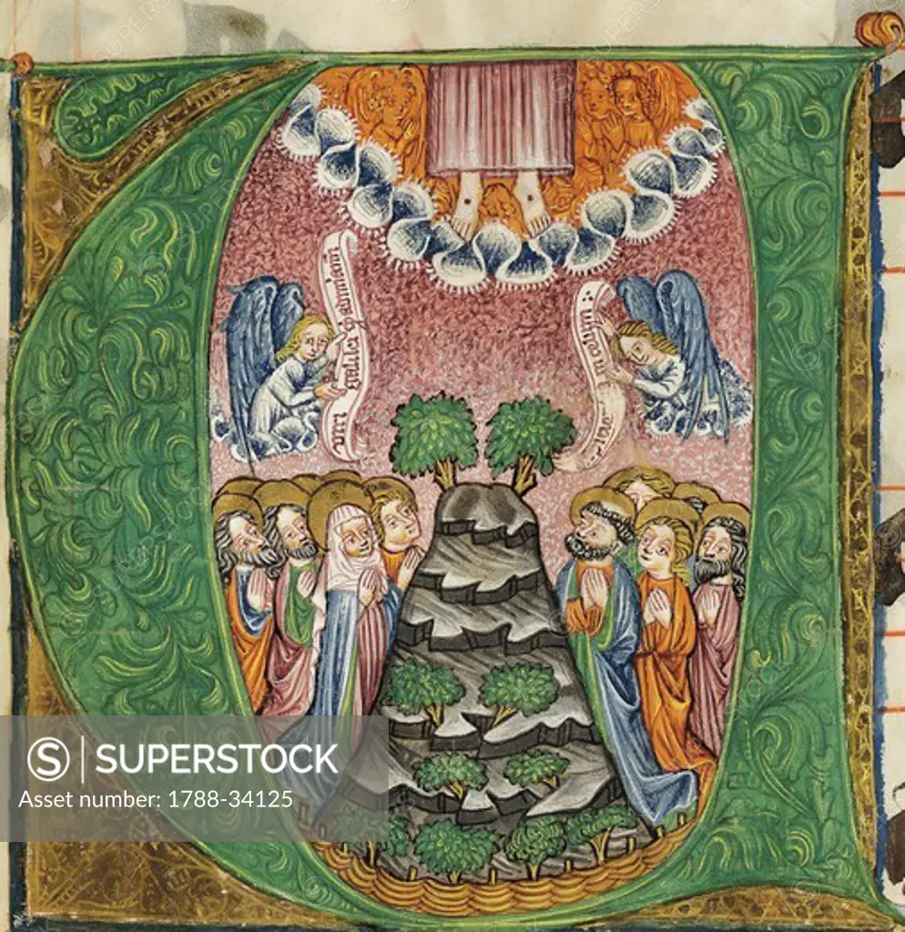 Initial capital letter with the ascension of Christ, miniature, from Canon Friedrich Zollner of Langerzenn, Latin manuscript, Germany 15th Century.