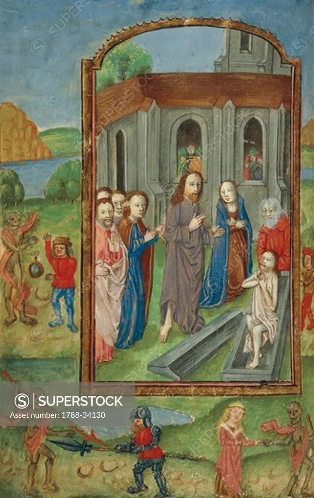 The resurrection of Lazarus, miniature from a Latin Book of Hours, manuscript C 1761 folio 119 verso, The Netherlands, beginning 16th Century.