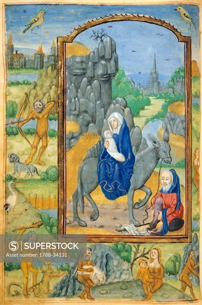 The Flight into Egypt, miniature from a Latin Book of Hours, manuscript C 1761 folio 90 verso, The Netherlands, beginning 16th Century.