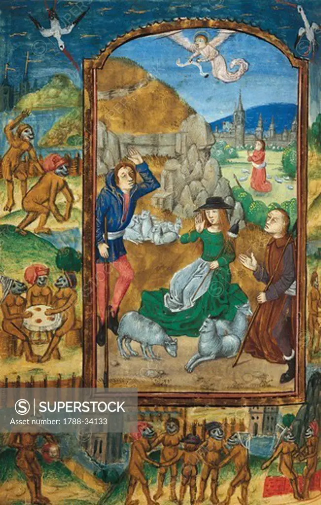Announcement to the shepherds, miniature from a Latin Book of Hours, manuscript C 1761 folio, The Netherlands, beginning 16th Century.